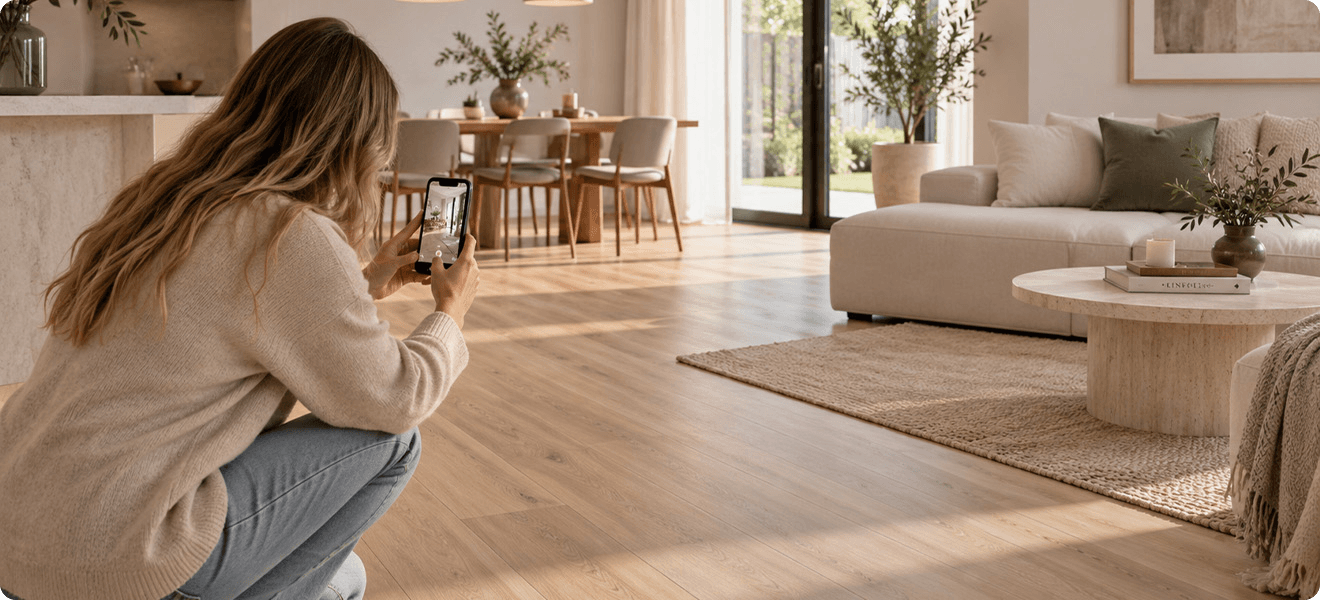Contentmaker filmt een woonkamer met een houten vloer